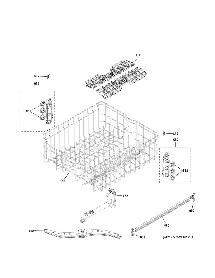 Upper Rack Assembly Diagram and Parts List for GDF570SGJ0CC  General Electric Dishwasher