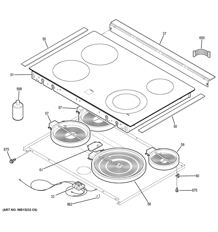 Cooktop Diagram and Parts List for JS630DF2CC  General Electric Range