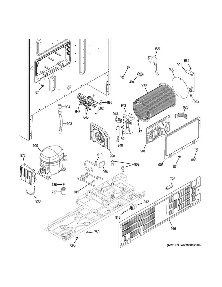 Machine Compartment Diagram and Parts List for ZWE23ESHISS  General Electric Refrigerator