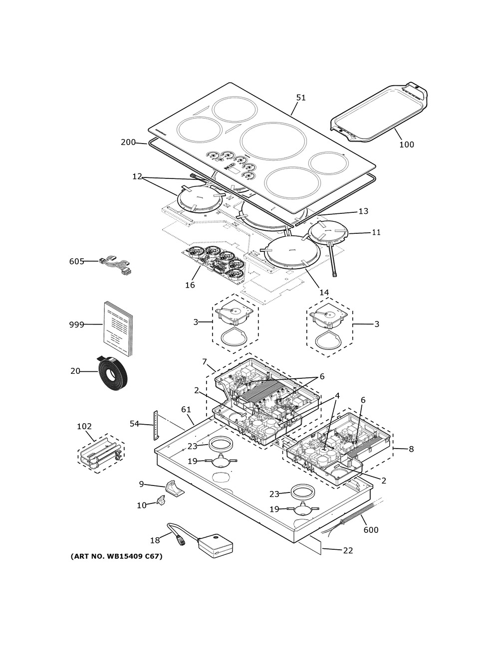 Control Panel And Cooktop Diagram and Parts List for ZHU36RDP1BB  General Electric Cooktop