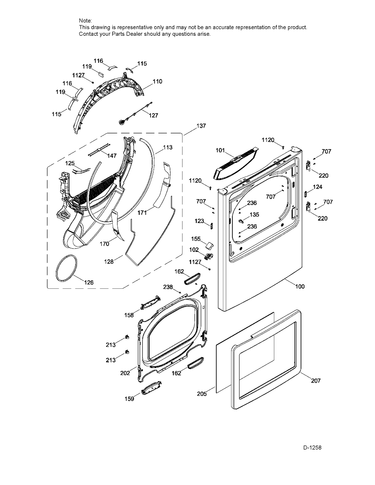 FRONT PANEL & DOOR Diagram and Parts List for GTD65EBMJ1WS  General Electric Dryer
