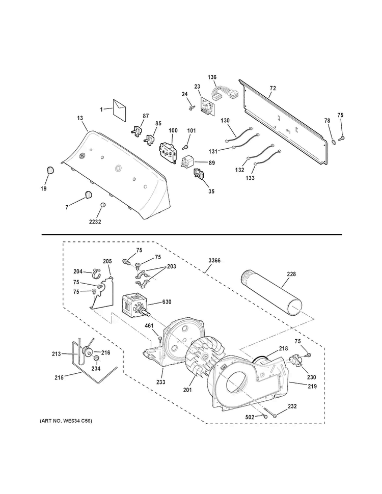 Backsplash, Blower & Motor Assembly Diagram and Parts List for GTD45EASJ2WS  General Electric Dryer