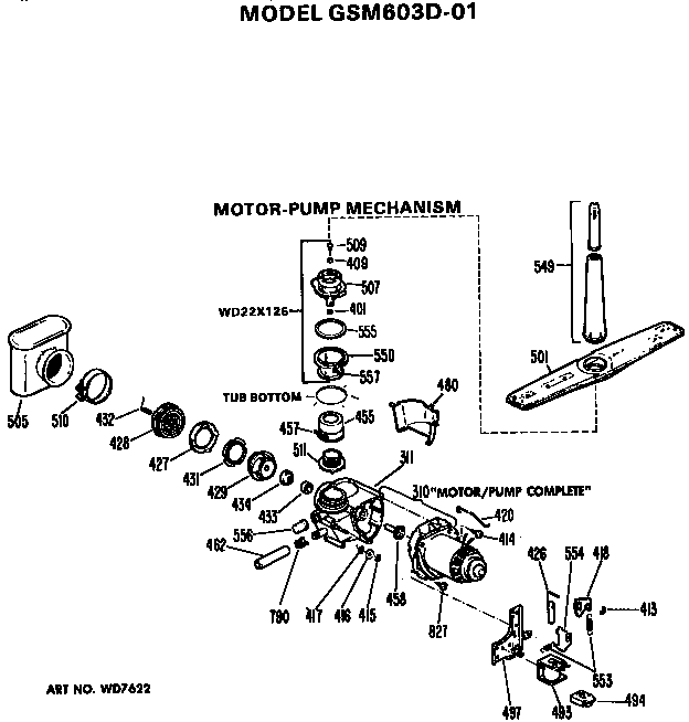 Motor-pump Diagram and Parts List for GSM603D-01  General Electric Dishwasher