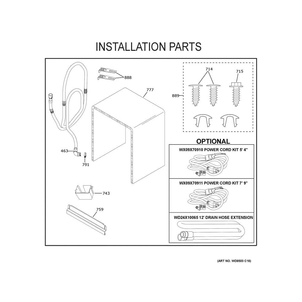Installation Parts Diagram and Parts List for GDT585HYY0FS  General Electric Dishwasher