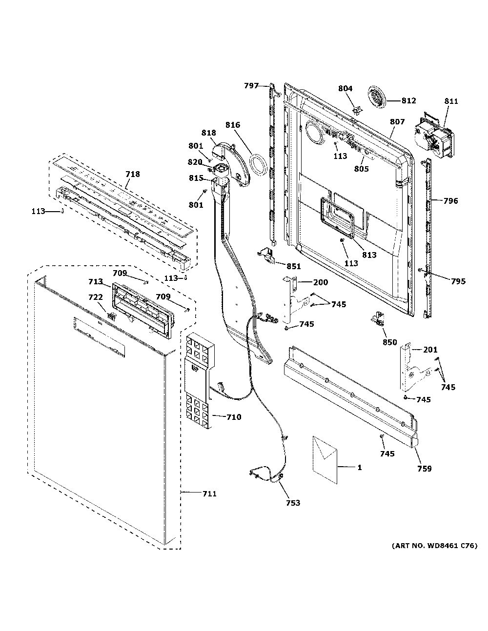 Escutcheon And Door Assembly Diagram and Parts List for CDT805M5N4S5  General Electric Dishwasher