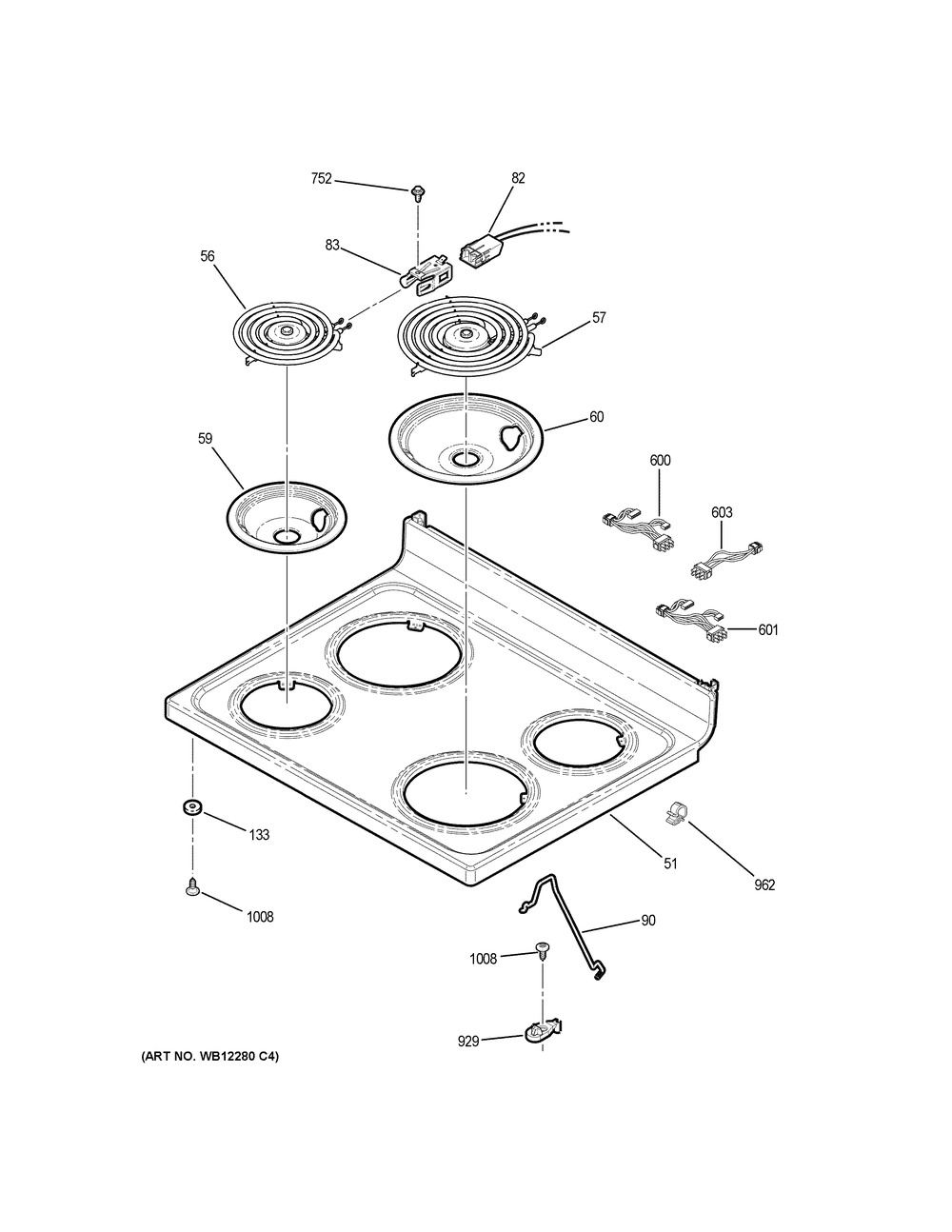 Cooktop Diagram and Parts List for JB258DM1CC  General Electric Range