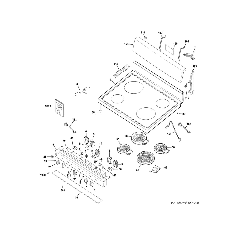 Control Panel & Cooktop Diagram and Parts List for JB480SY1SS  General Electric Range