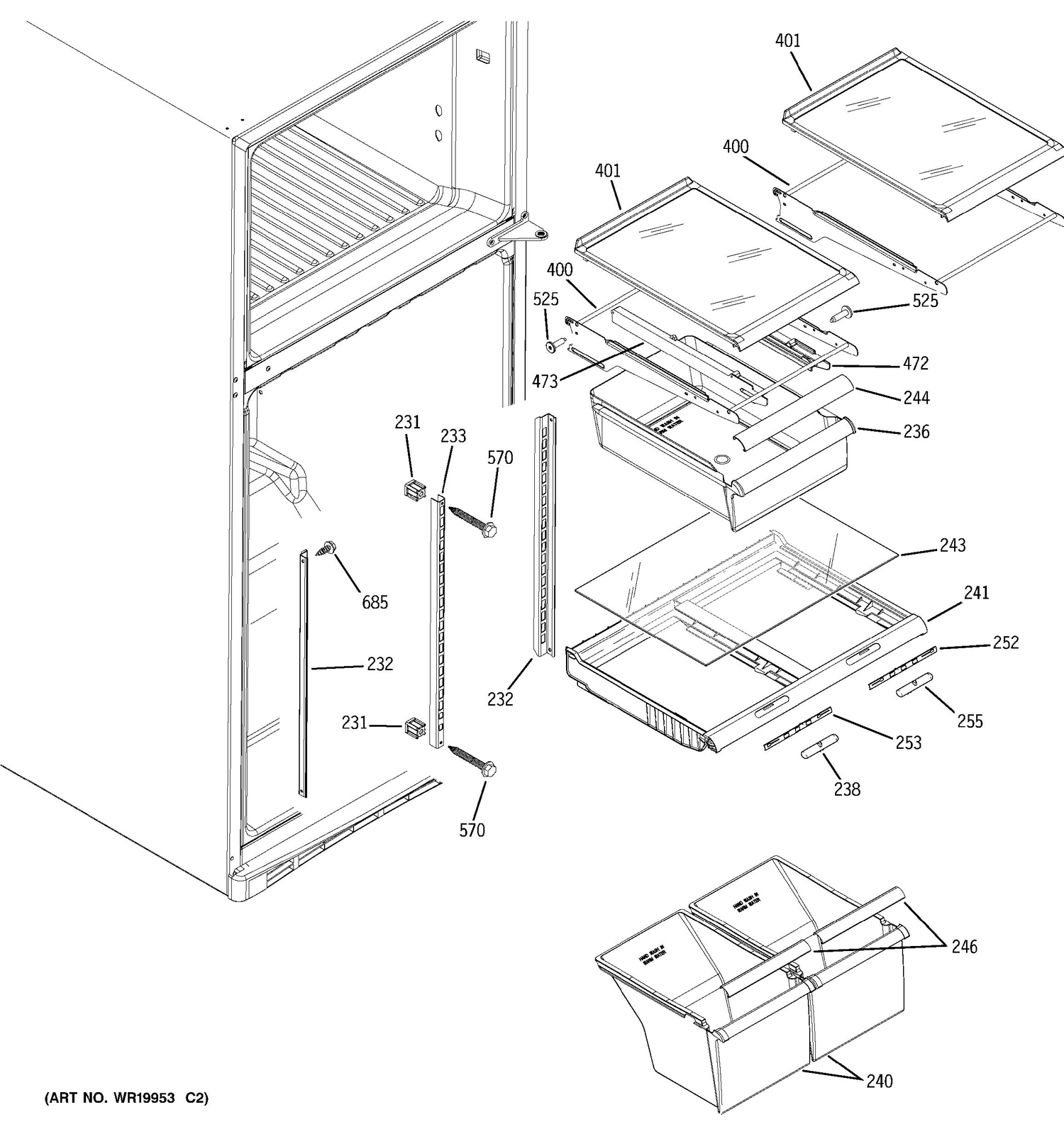 FRESH FOOD SHELVES Diagram and Parts List for 38489KBSLRSS  General Electric Refrigerator