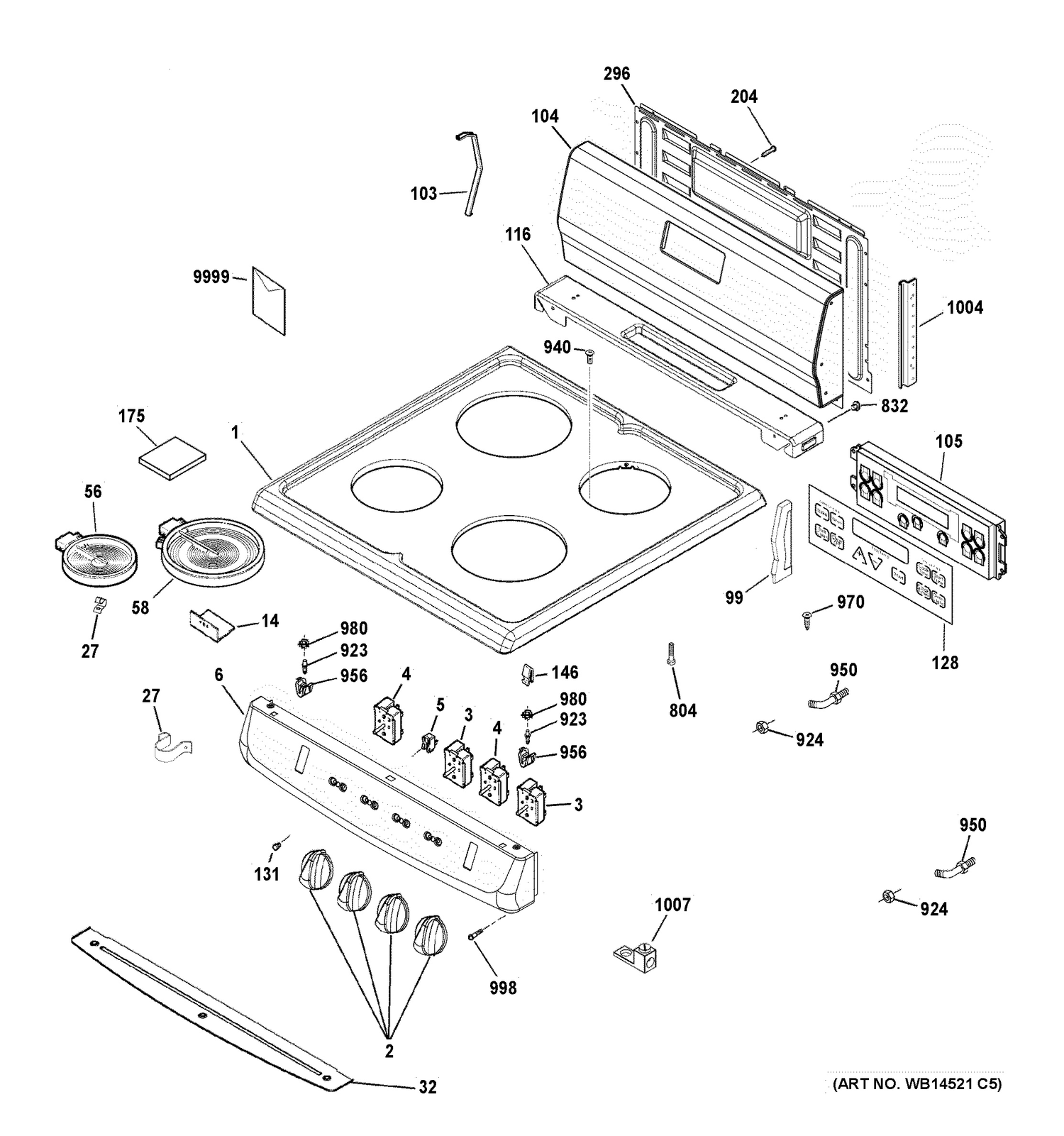 CONTROL PANEL & COOKTOP Diagram and Parts List for JA624RN3SS  General Electric Range