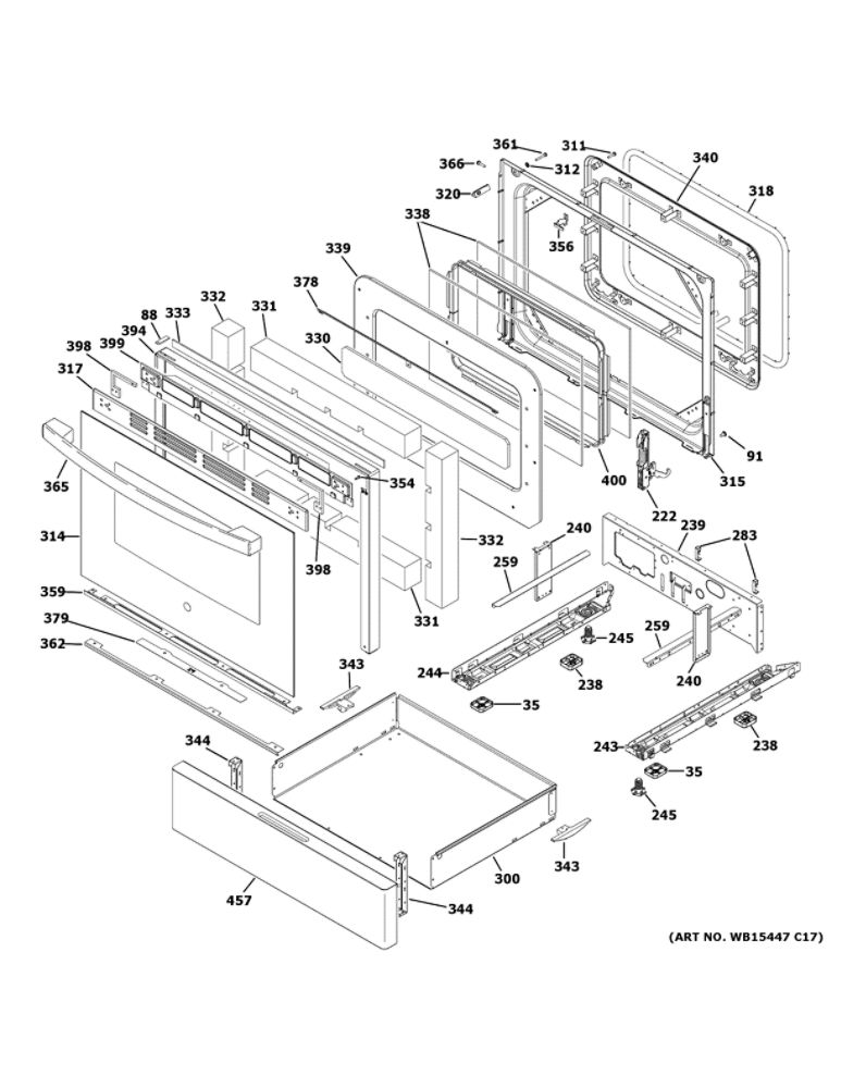 Door And Drawer Parts Diagram and Parts List for JGB700DEJ5BB  General Electric Range