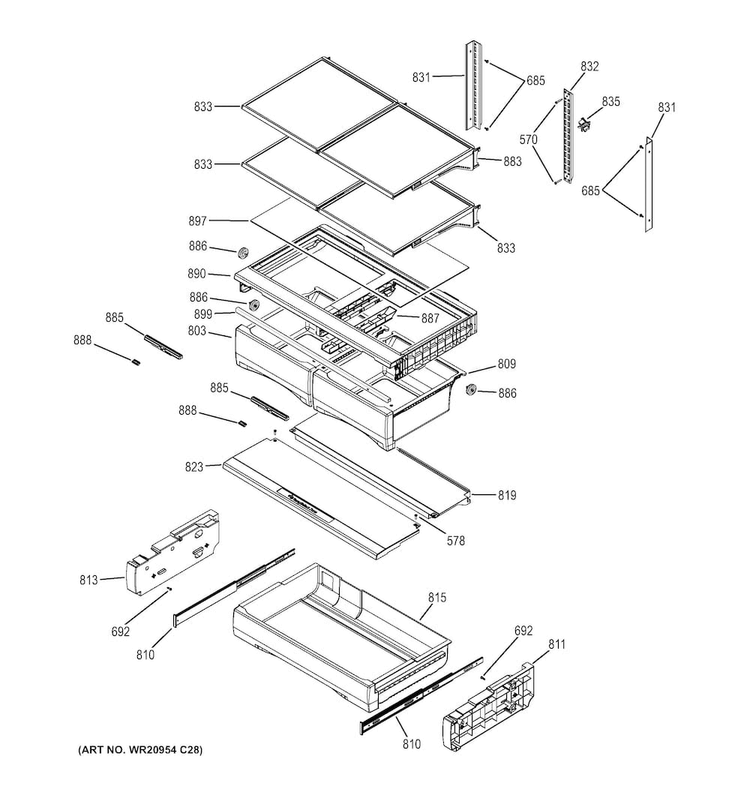Fresh Food Shelves Diagram and Parts List for GNE29GGHDBB  General Electric Refrigerator