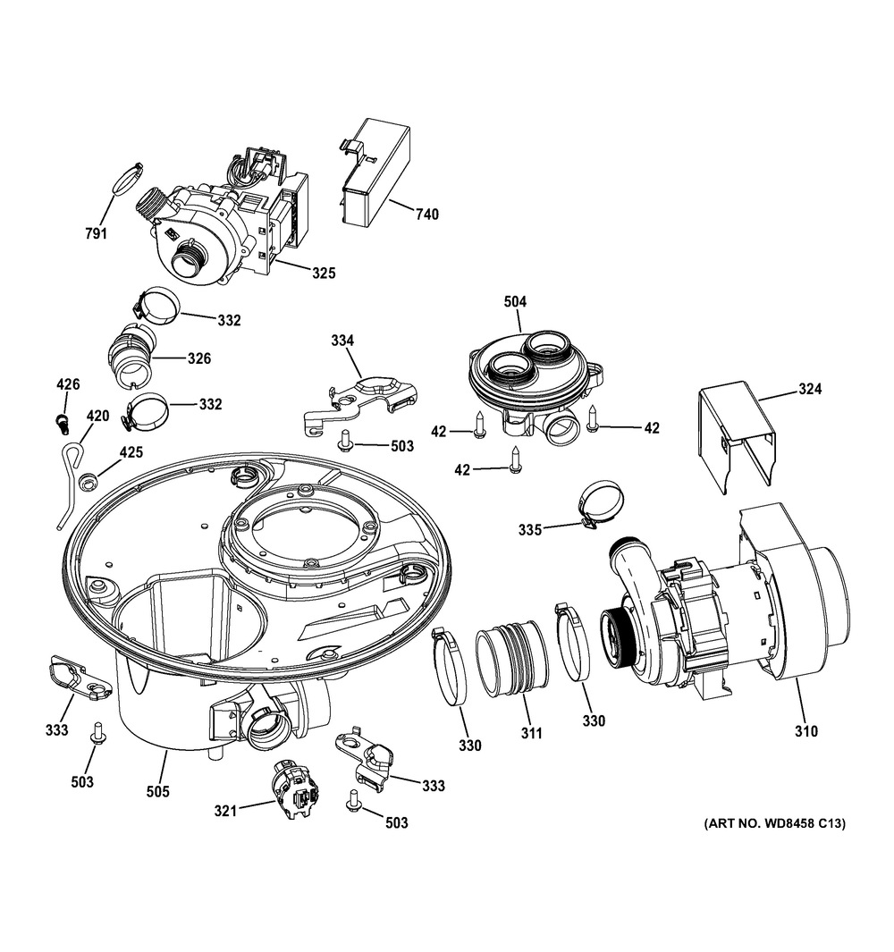 Sump And Motor Diagram and Parts List for GMR05BLHCSCA  General Electric Washer