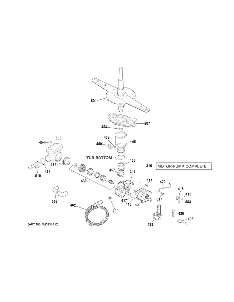 Motor-pump Mechanism Diagram and Parts List for GSD3300D50BB  General Electric Dishwasher