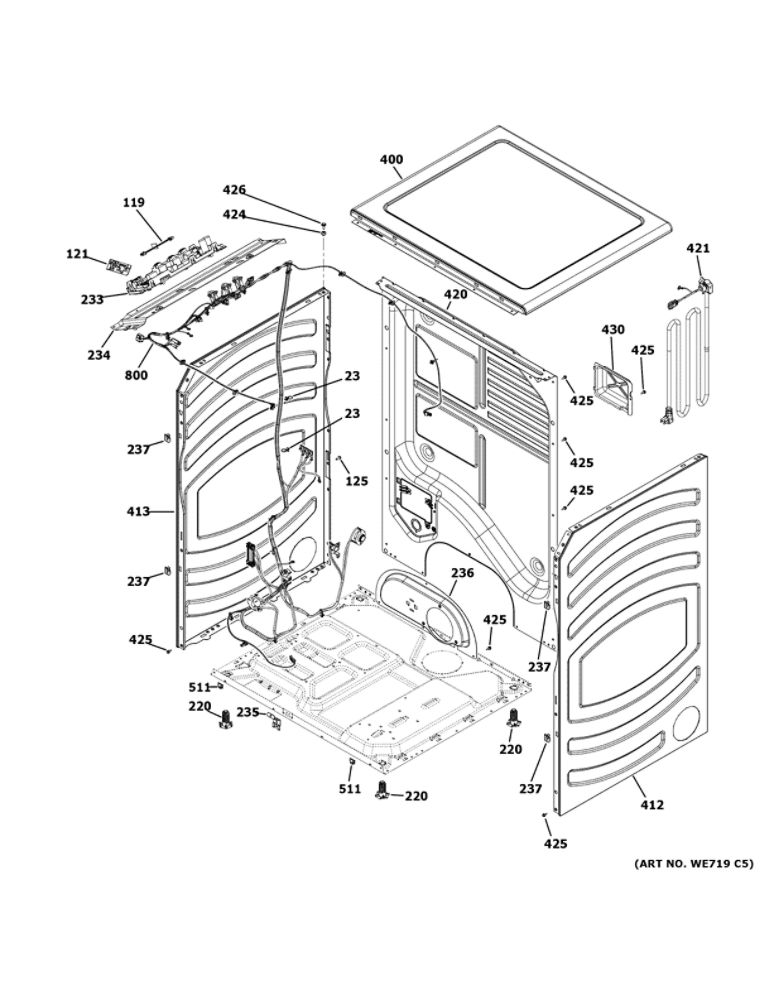 Cabinet And Top Panel Diagram and Parts List for GFD55GSPN0DG  General Electric Dryer