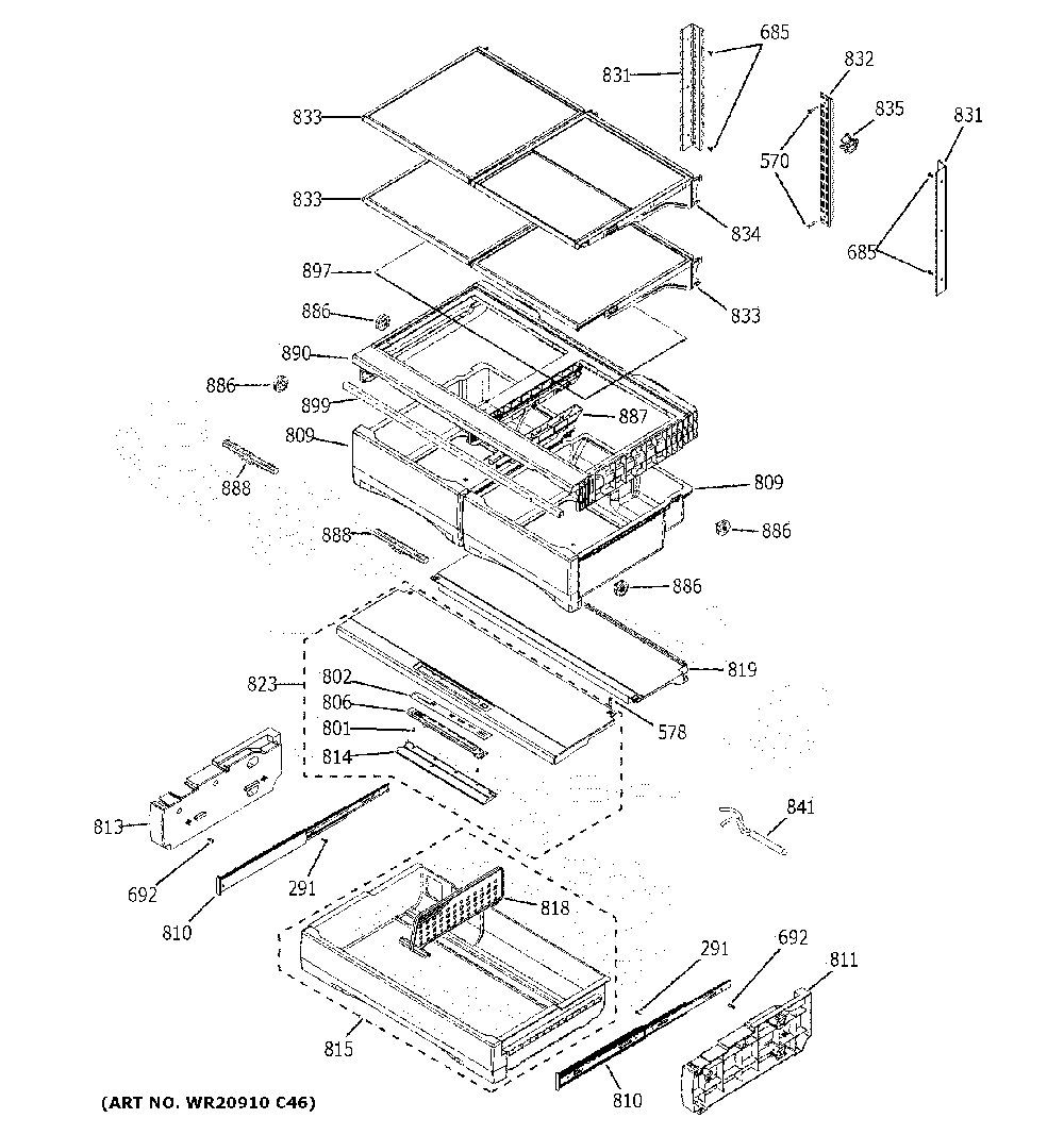 Fresh Food Shelves Diagram and Parts List for CWE23SP4MGW2  General Electric Refrigerator