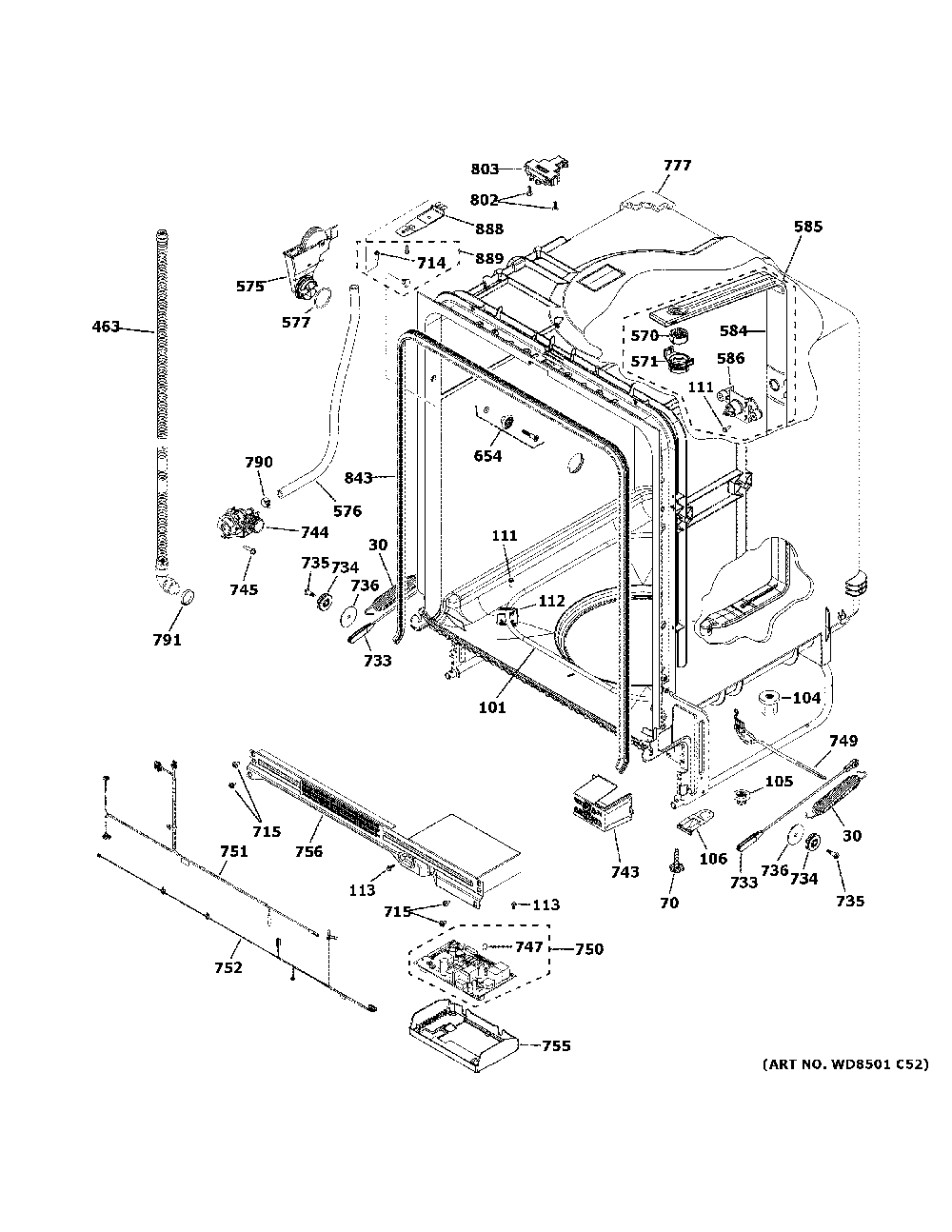 Body Parts Diagram and Parts List for GDF550PSR0SS  General Electric Dishwasher