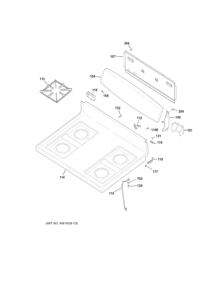 Control Panel & Cooktop Diagram and Parts List for JGBS10DEK1WW  General Electric Range