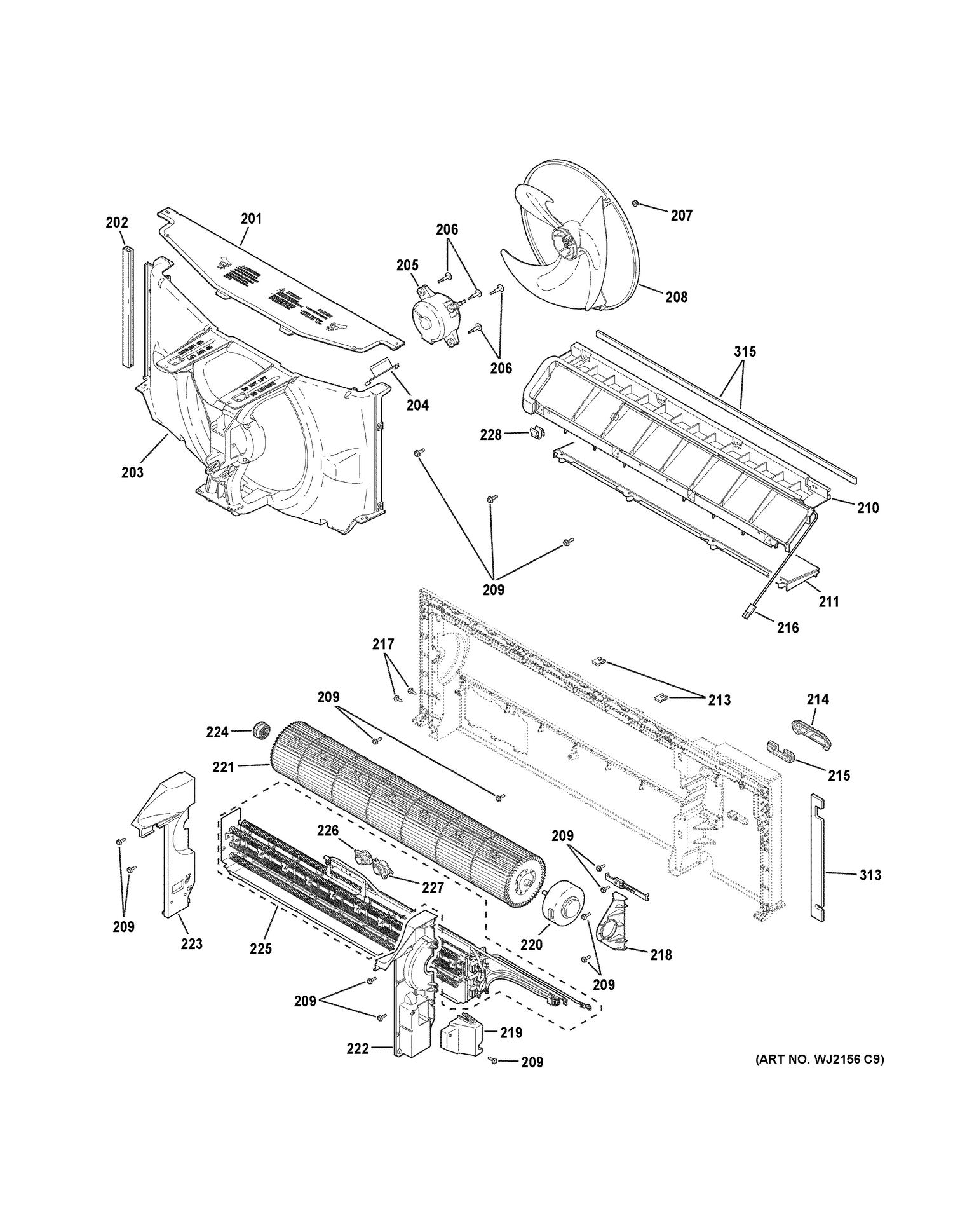 MOTOR & CHASSIS PARTS Diagram and Parts List for AZ65H07EBMW1  General Electric Air Conditioner