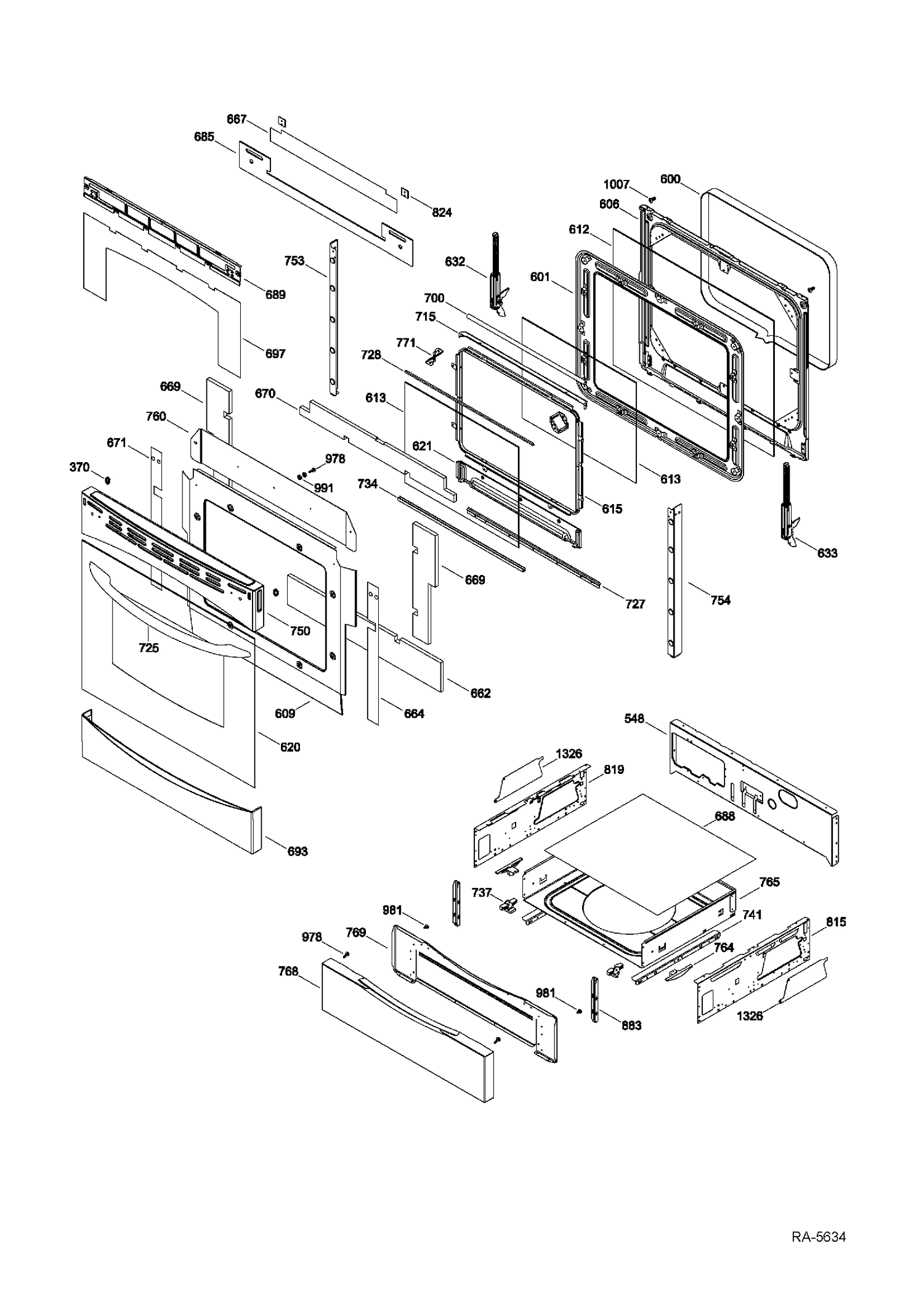 DOOR & DRAWER Diagram and Parts List for PCB905SV2SS  General Electric Range