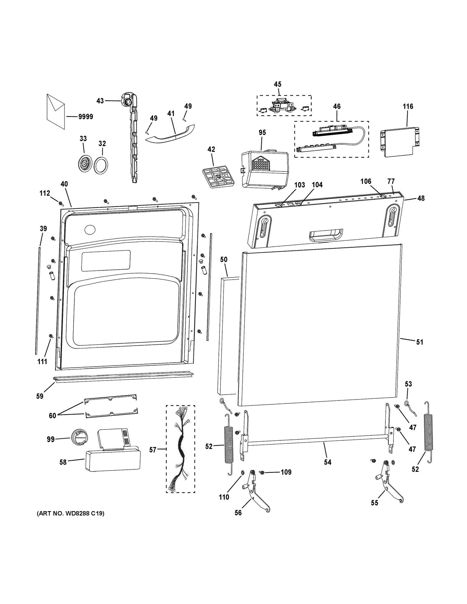 ESCUTCHEON & DOOR ASSEMBLY Diagram and Parts List for PDW1800K01WW  General Electric Dishwasher