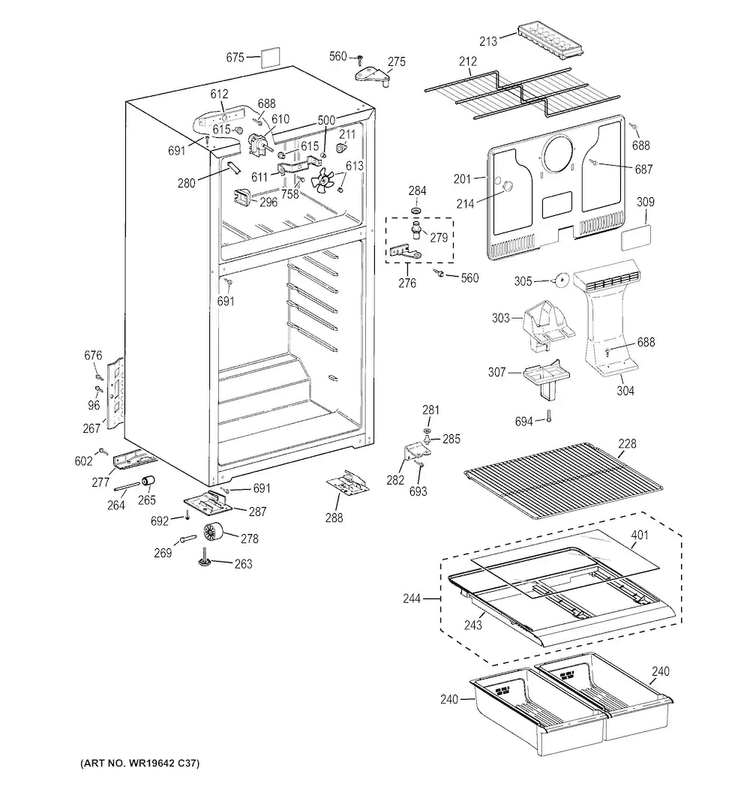 Cabinet Diagram and Parts List for GTH16DBEFRWW  General Electric Refrigerator