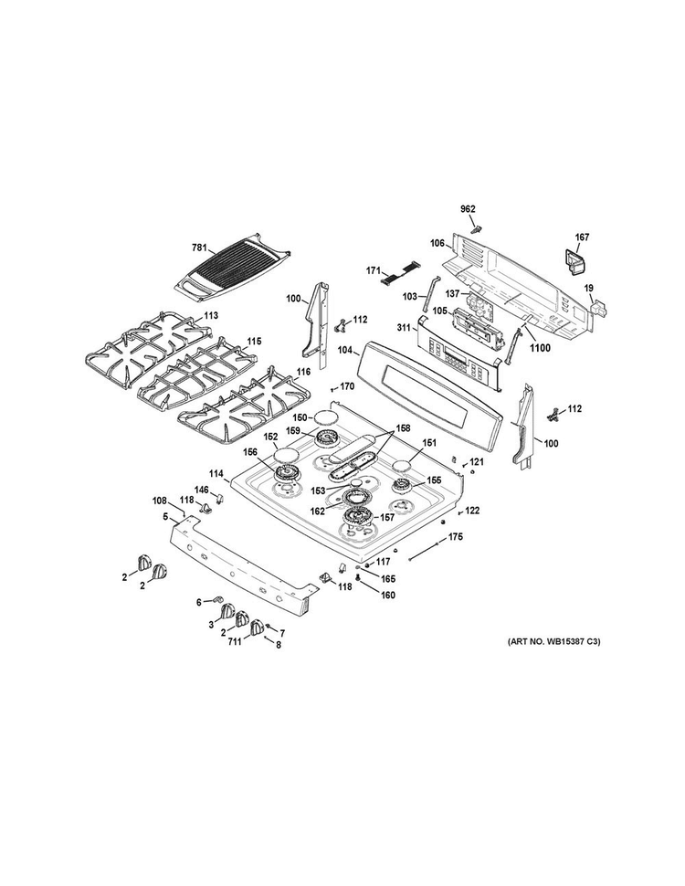 Control Panel & Cooktop Diagram and Parts List for PGB950SEF3SS  General Electric Range