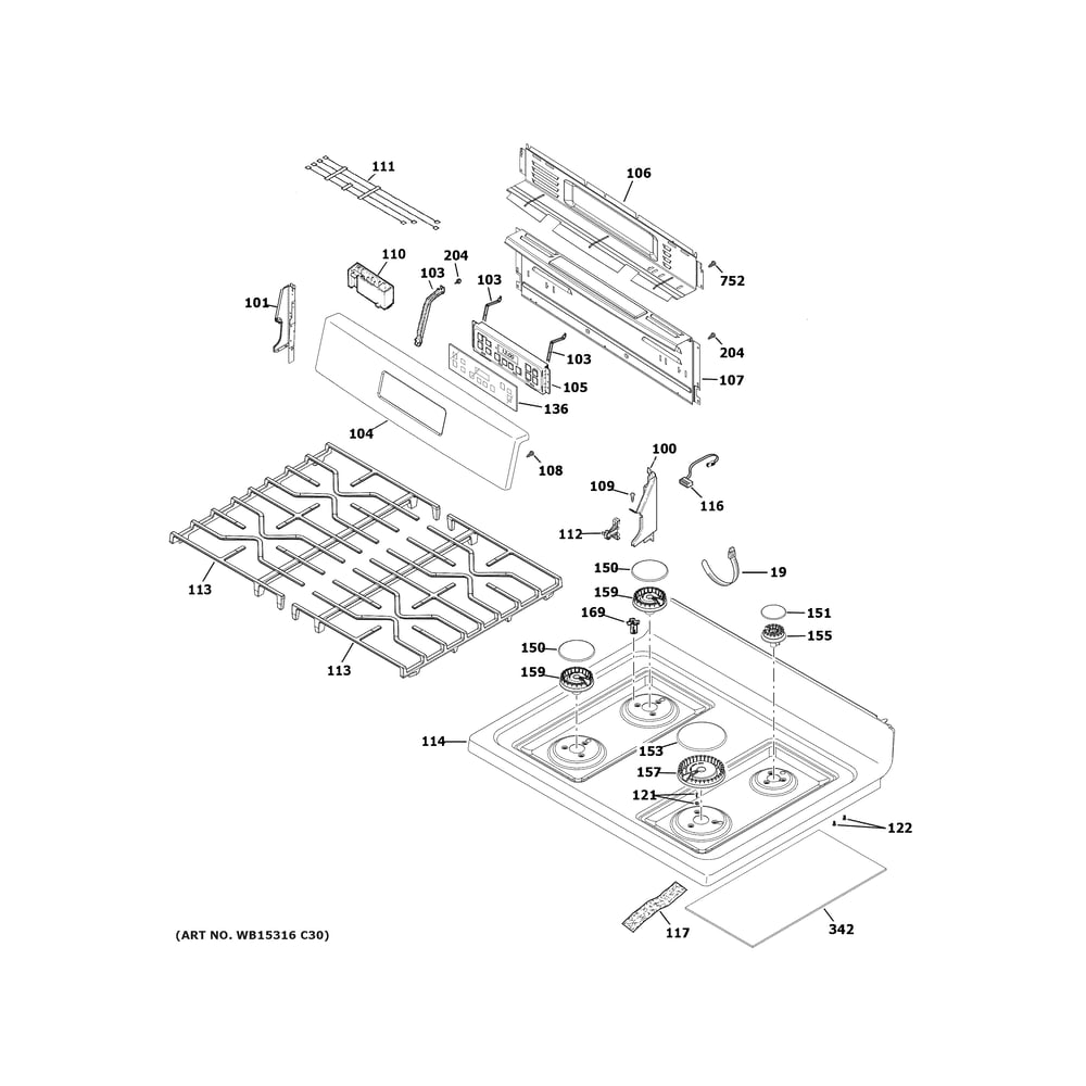 Control Panel And Cooktop Diagram and Parts List for JGBS61DP4WW  General Electric Range