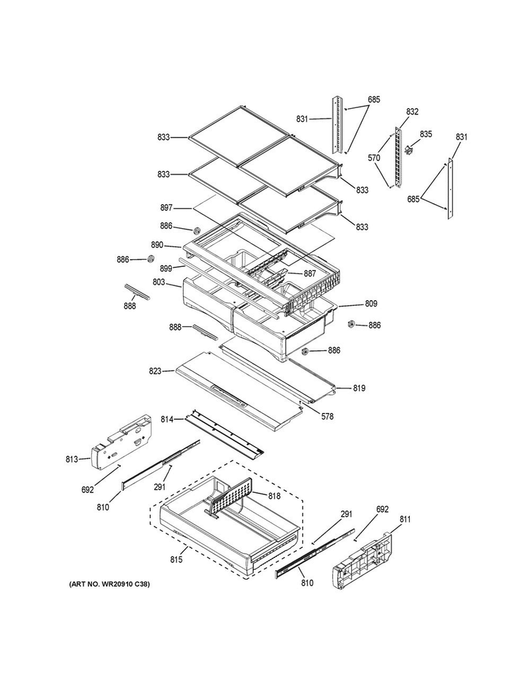 Fresh Food Shelves Diagram and Parts List for GFE28GGKEBB  General Electric Refrigerator