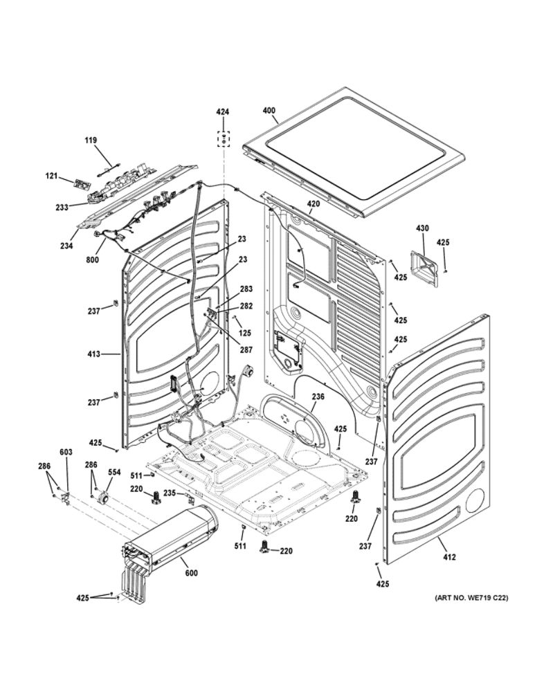 Cabinet And Top Panel Diagram and Parts List for GFD55ESPN1DG  General Electric Dryer