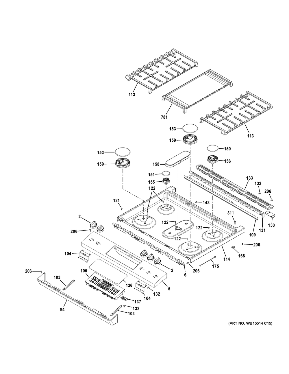 Control Panel And Cooktop Diagram and Parts List for JGS760SP5SS  General Electric Range