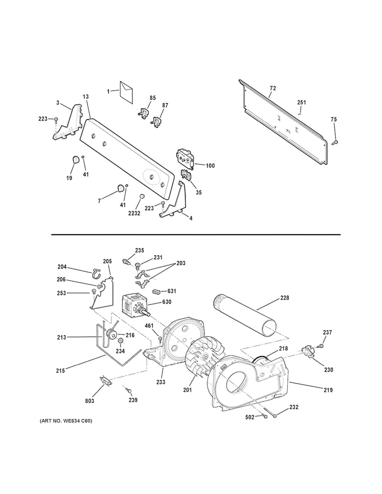 Backsplash, Blower & Motor Assembly Diagram and Parts List for GTX18ESSJ0WW  General Electric Dryer