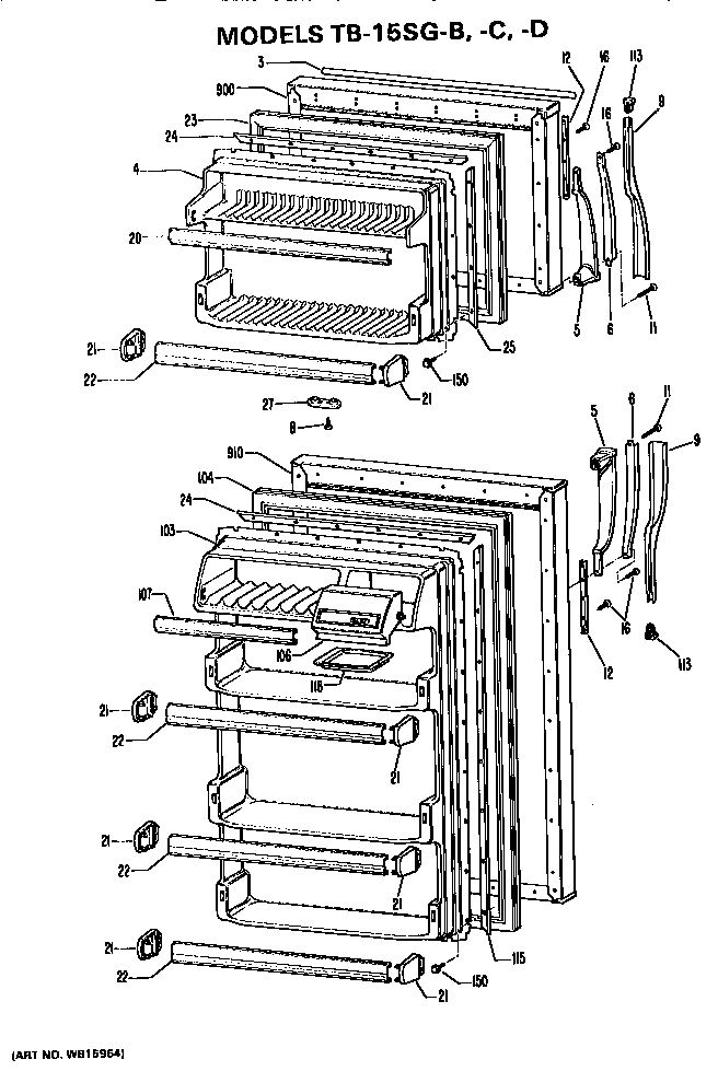 Doors Diagram and Parts List for TB15SGCLWH  General Electric Refrigerator