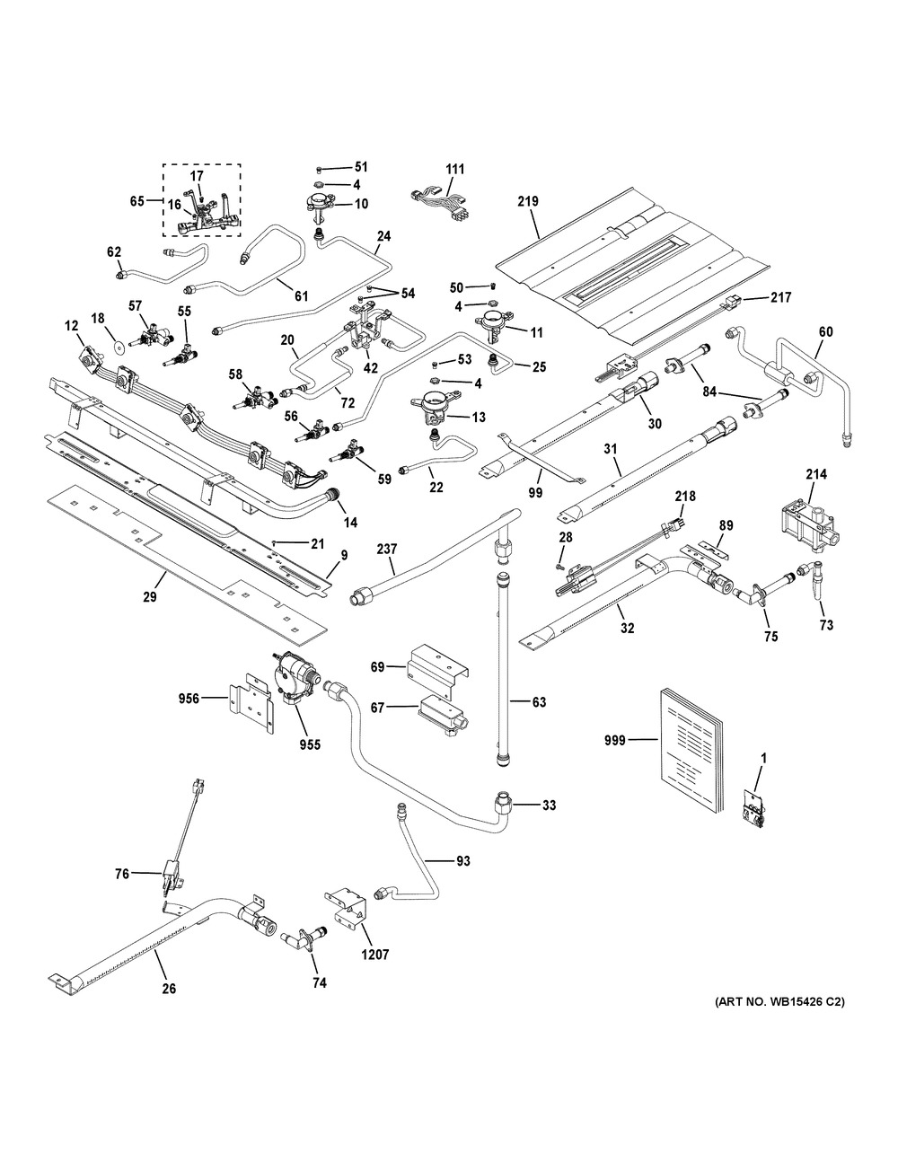 Gas & Burner Parts Diagram and Parts List for PGB980ZEJ5SS  General Electric Range