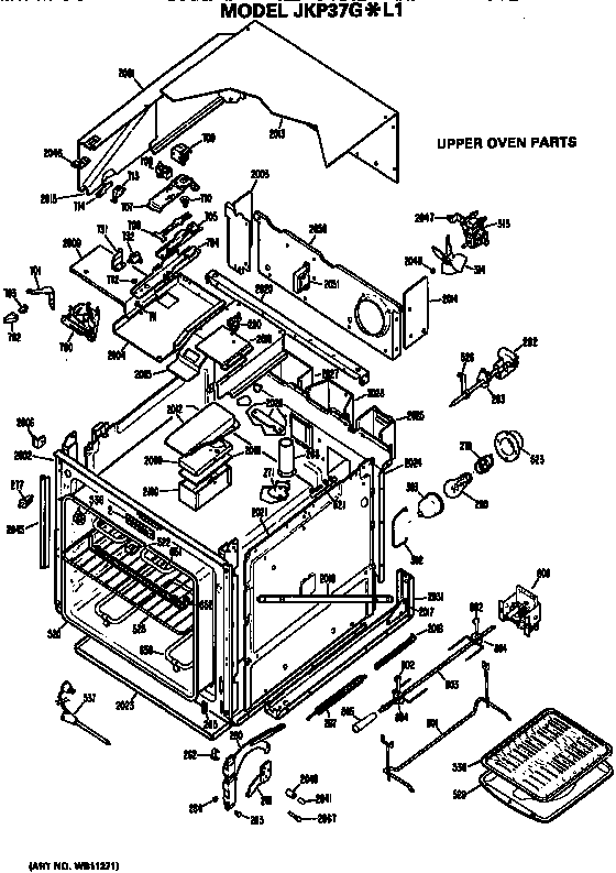Upper Oven Diagram and Parts List for JKP37G*L1WG  General Electric Wall Oven