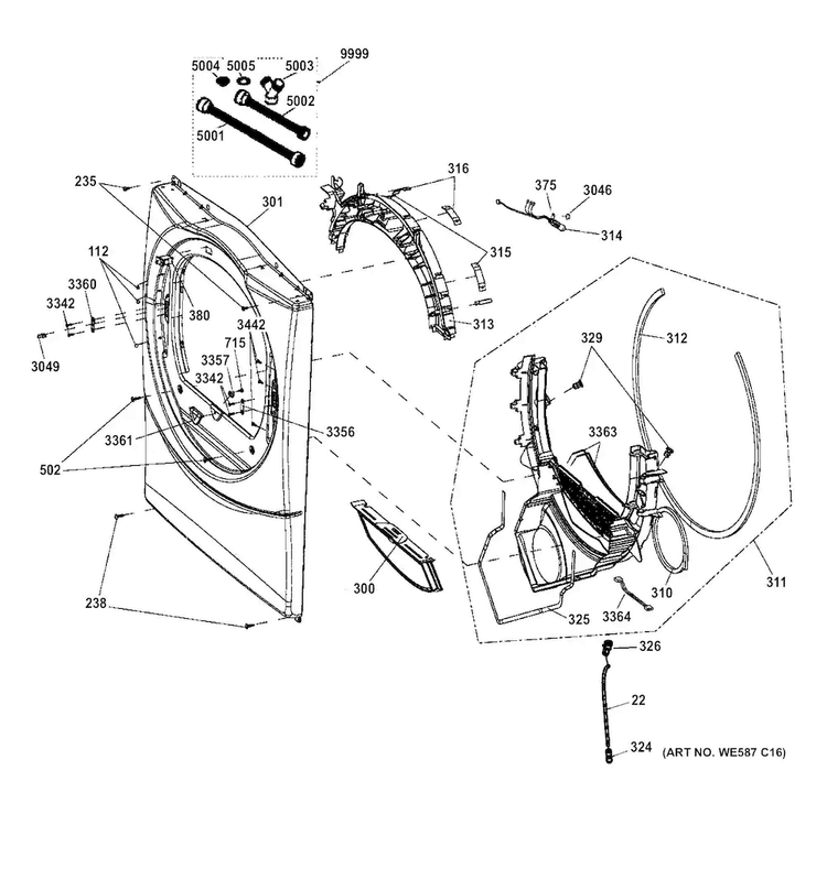Front Panel Diagram and Parts List for GFDS140GD1WW  General Electric Dryer