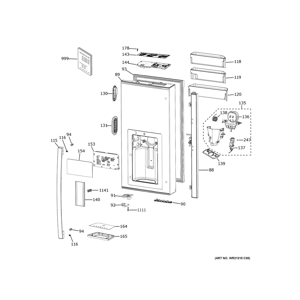 Dispenser Door Diagram and Parts List for PXD22BYPCFS  General Electric Refrigerator