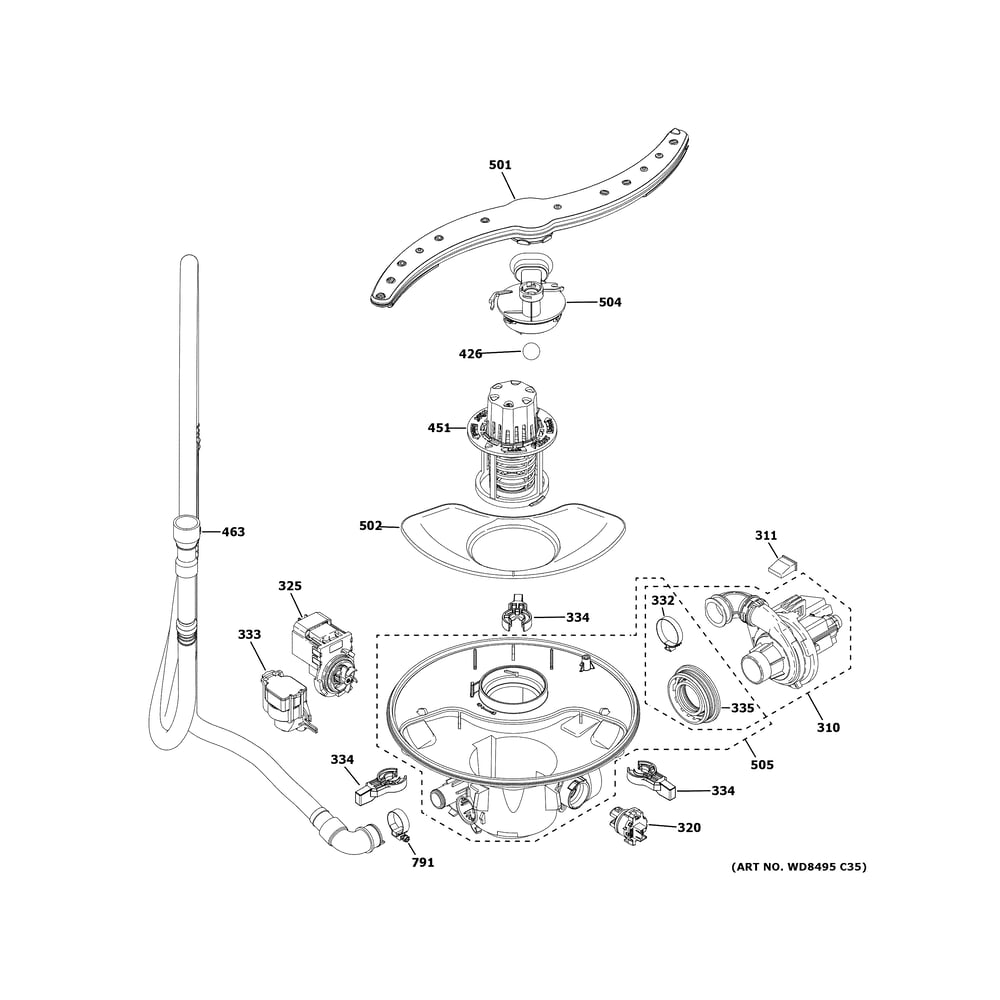 Motor, Sump And Filter Assembly Diagram and Parts List for GDF535PGR7WW  General Electric Dishwasher