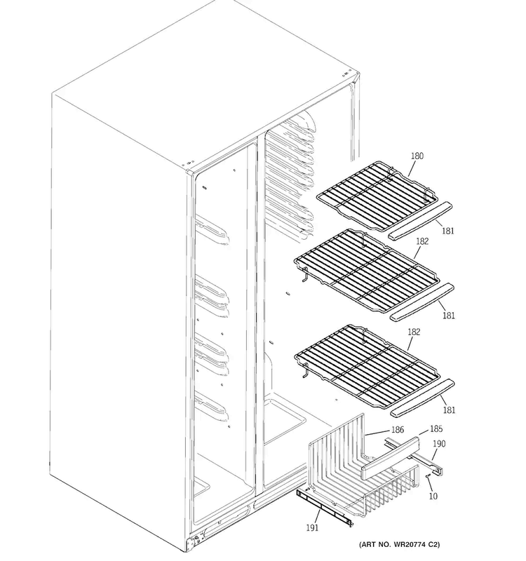 Freezer Shelves Diagram and Parts List for GSHL6KGZCCLS  General Electric Refrigerator
