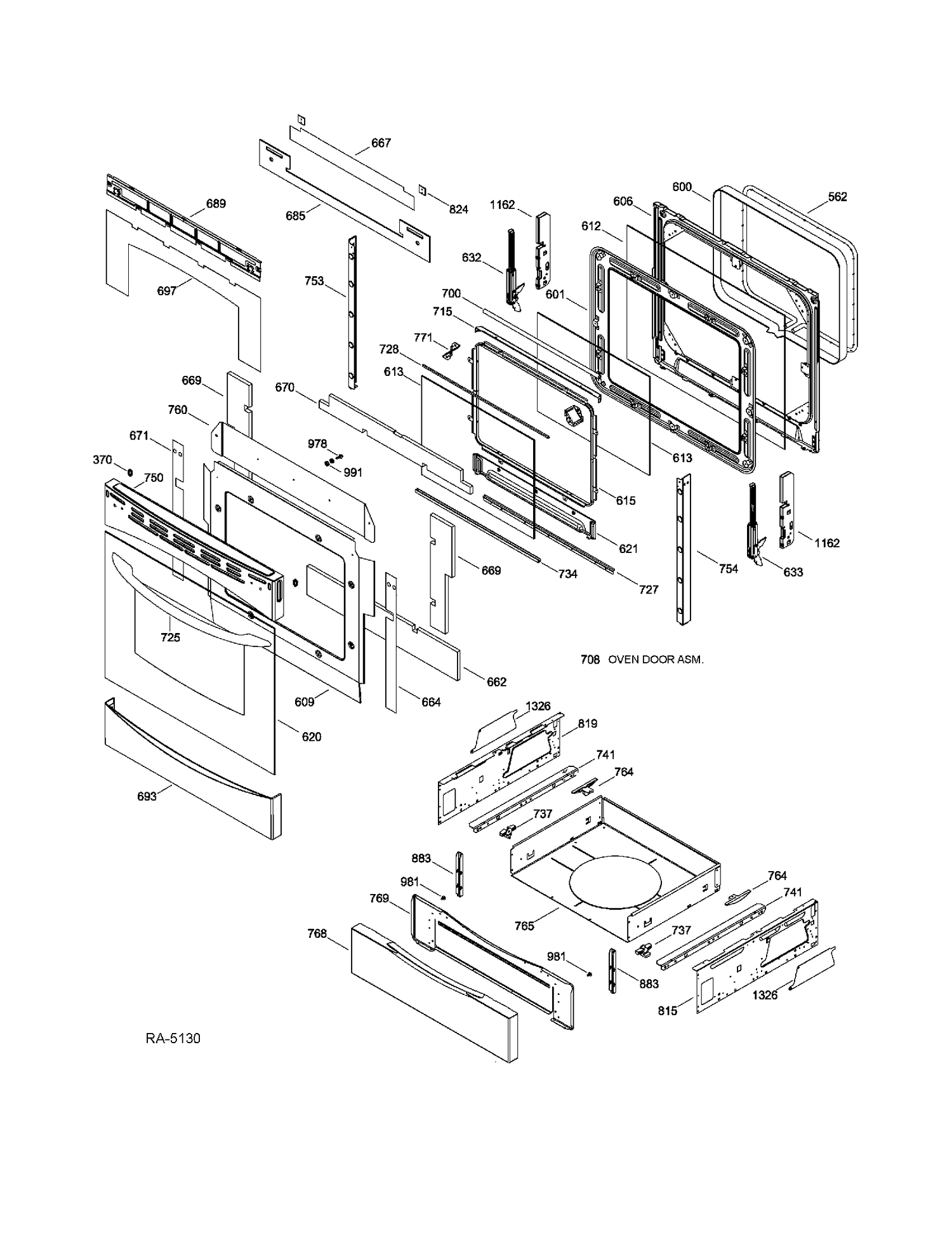 DOOR & DRAWER Diagram and Parts List for PCB905SV1SS  General Electric Range