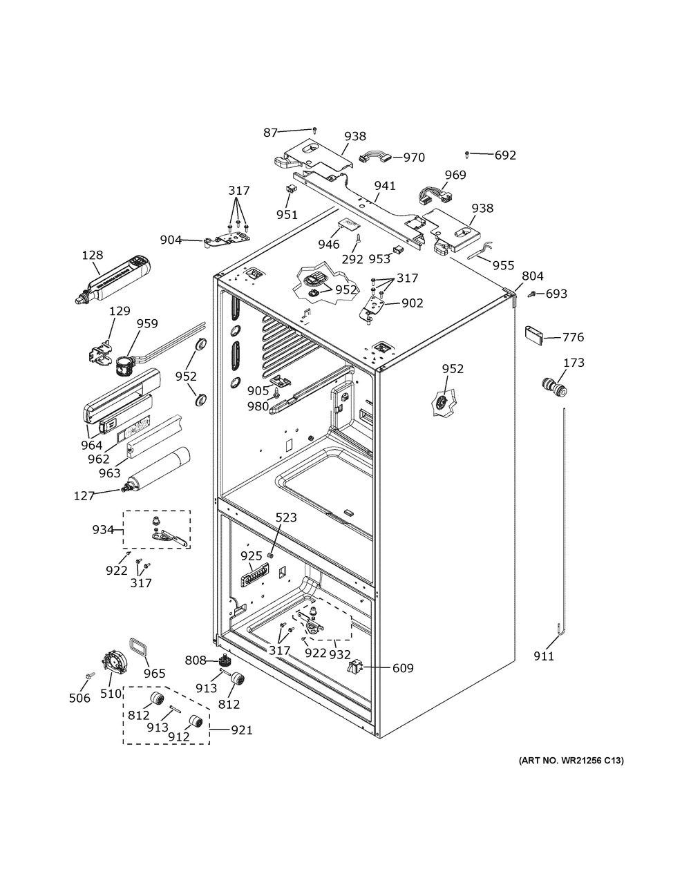 Case Parts Diagram and Parts List for PFE28KYNJFS  General Electric Refrigerator