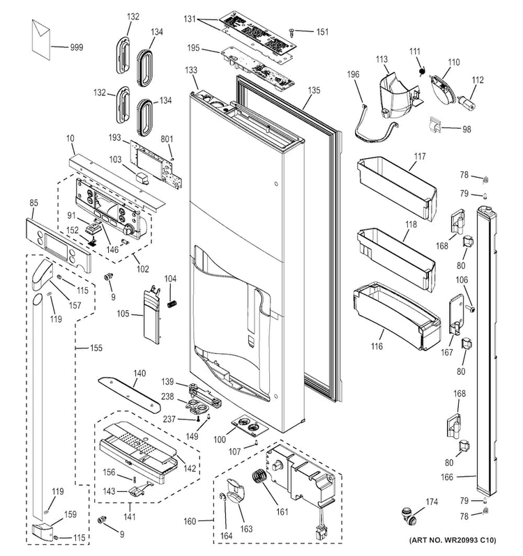 Dispenser Door Diagram and Parts List for CYE22TSHBSS  General Electric Refrigerator