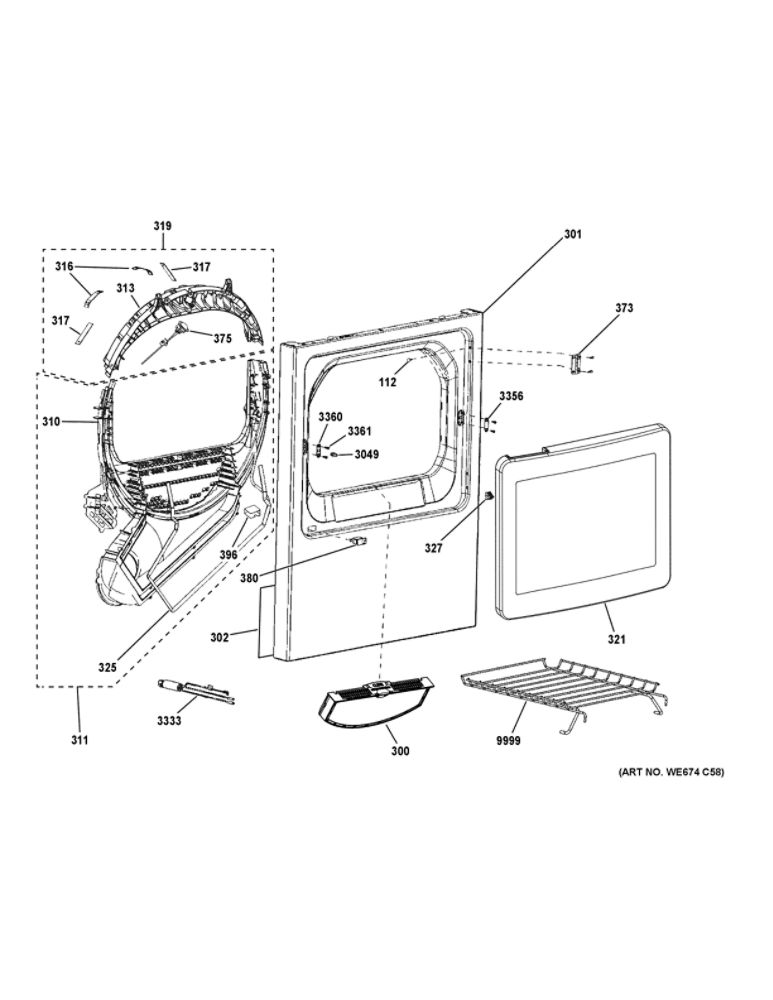 Front Panel And Door Diagram and Parts List for GTX65EBSJ2WS  General Electric Dryer