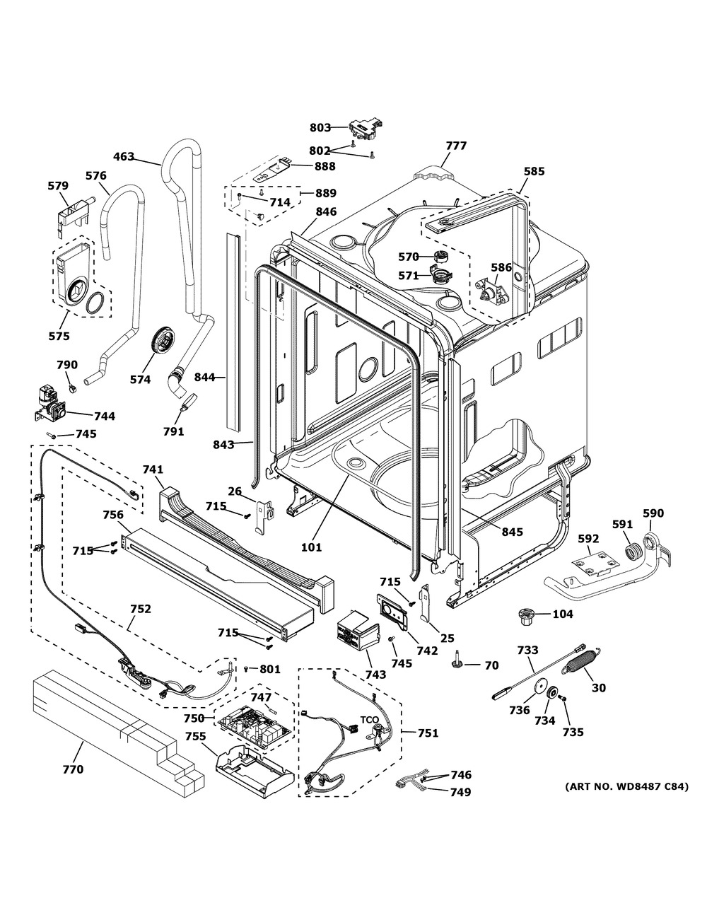 Body Parts 1 Diagram and Parts List for CDT845P3N1D1  General Electric Dishwasher