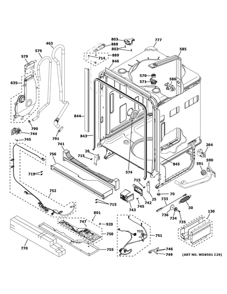 Body Parts 1 Diagram and Parts List for CDT875P3N2D1  General Electric Dishwasher