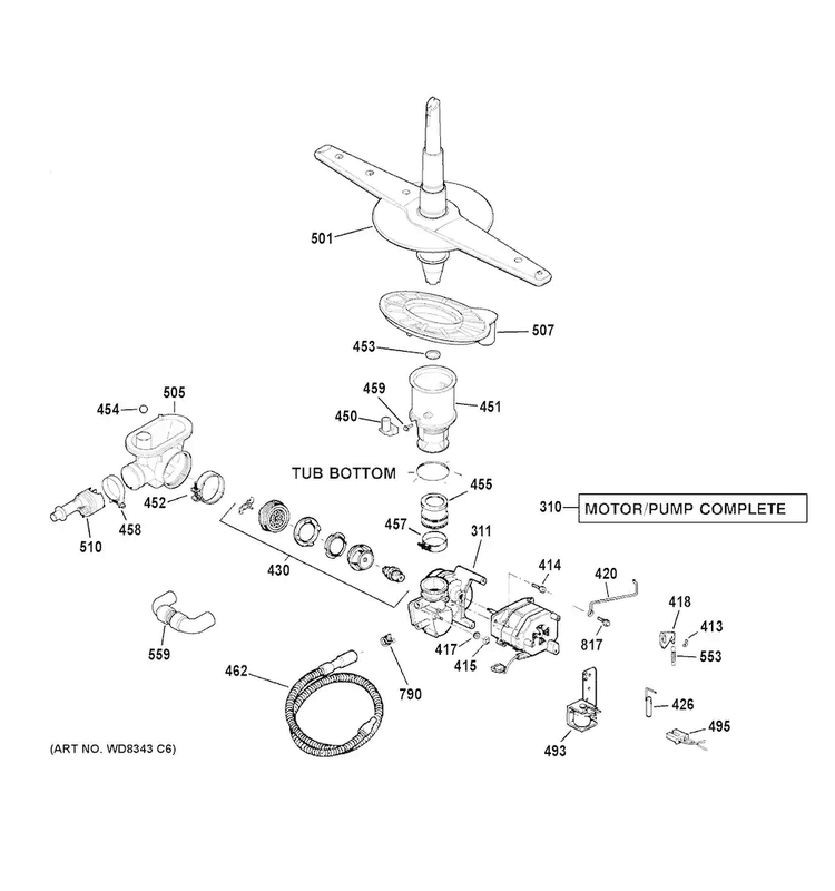 Motor-pump Mechanism Diagram and Parts List for GSD3300D45BB  General Electric Dishwasher