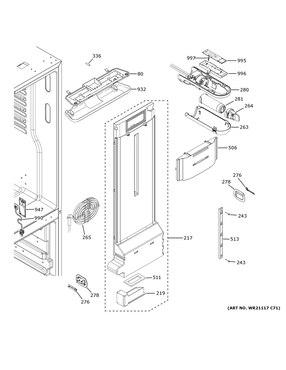 Fresh Food Section Diagram and Parts List for GWE19JGLXFBB  General Electric Refrigerator