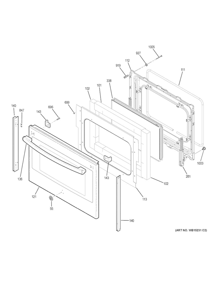 Lower Door Diagram and Parts List for PB980SJ2SS  General Electric Range
