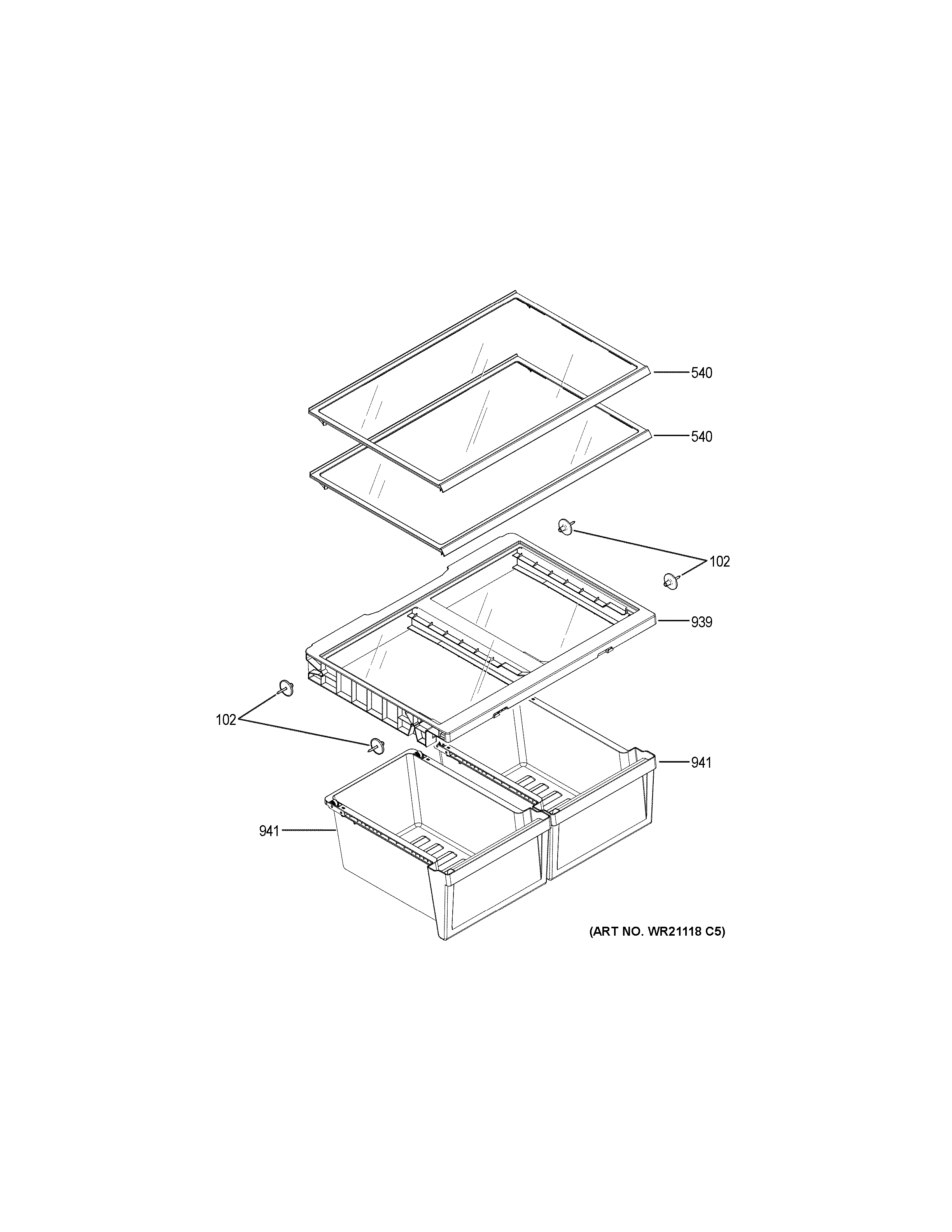 Fresh Food Shelves Diagram and Parts List for GBE21DSKARSS  General Electric Refrigerator