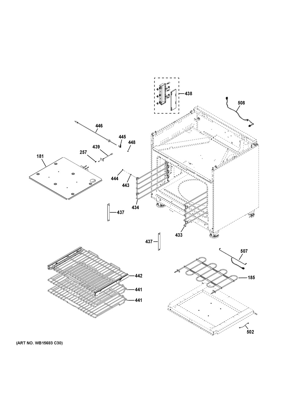 Oven Cavity Parts Diagram and Parts List for C2Y366P5T1G2  General Electric Range