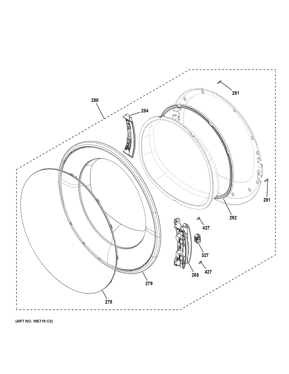 Door Diagram and Parts List for GFD55ESSN3WW  General Electric Dryer